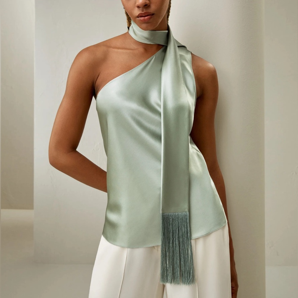 Lilysilk 100% Silk One shoulder Blouse with Tassel Scarf - MINT Size 2